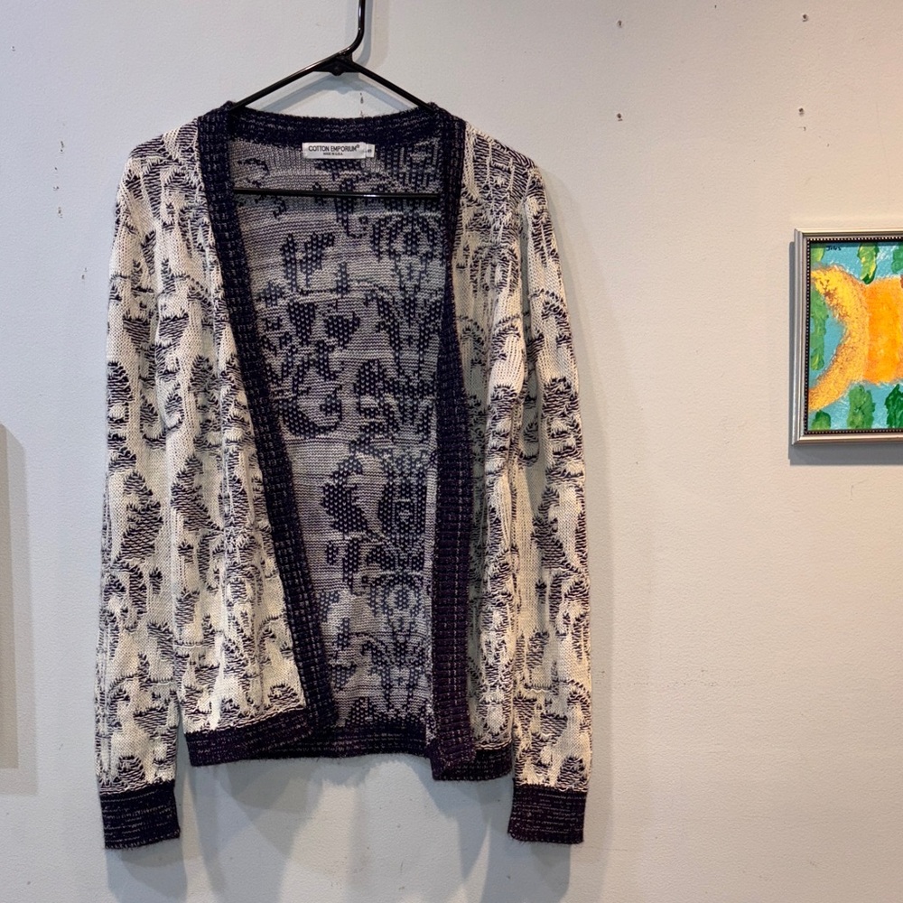 Cotton Emporium (Anthropologie) Navy and Cream Patterned Cardigan